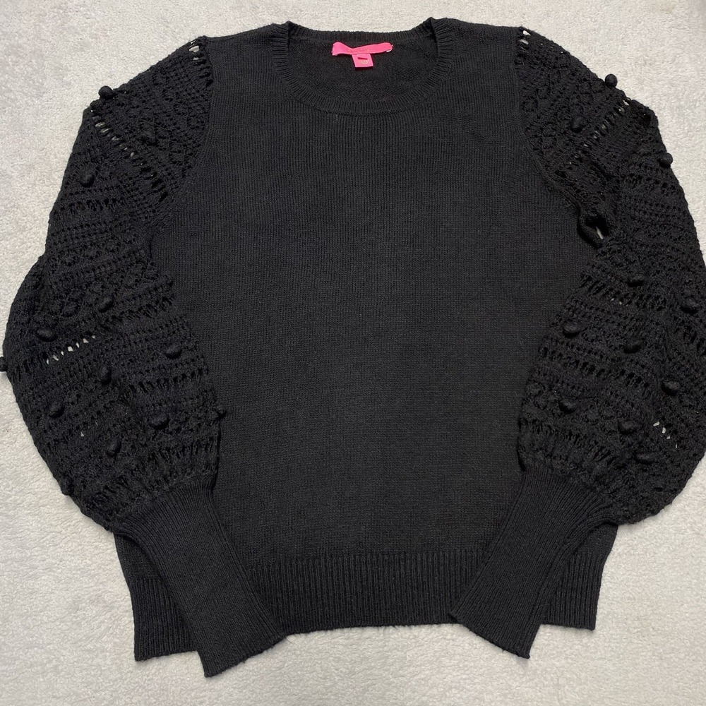 Lilly Pulitzer Sweater Large Black Lanetta Knit Balloon Sleeve Crochet